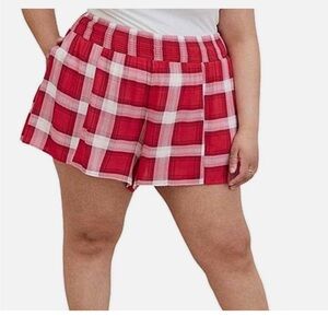 Torrid Plaid High Rise Smocked Waist Gauze Shorts-Red Pink